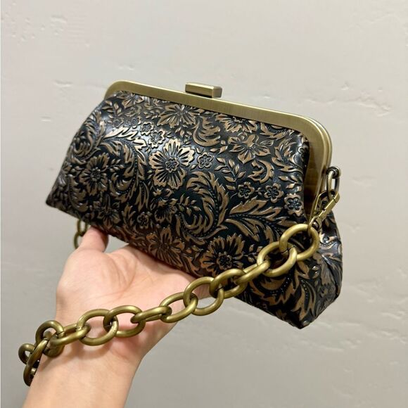 Handmade Floral  Embossed Cowhide Push Lock Clutch, Shoulder Bag, Crossbody - Picture 11 of 16